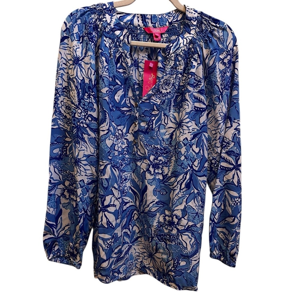 Lilly‎ Pulitzer Elsa Silk Top Blue Tang Flocking Fabulous Sz Large NWT $178 - Picture 2 of 7